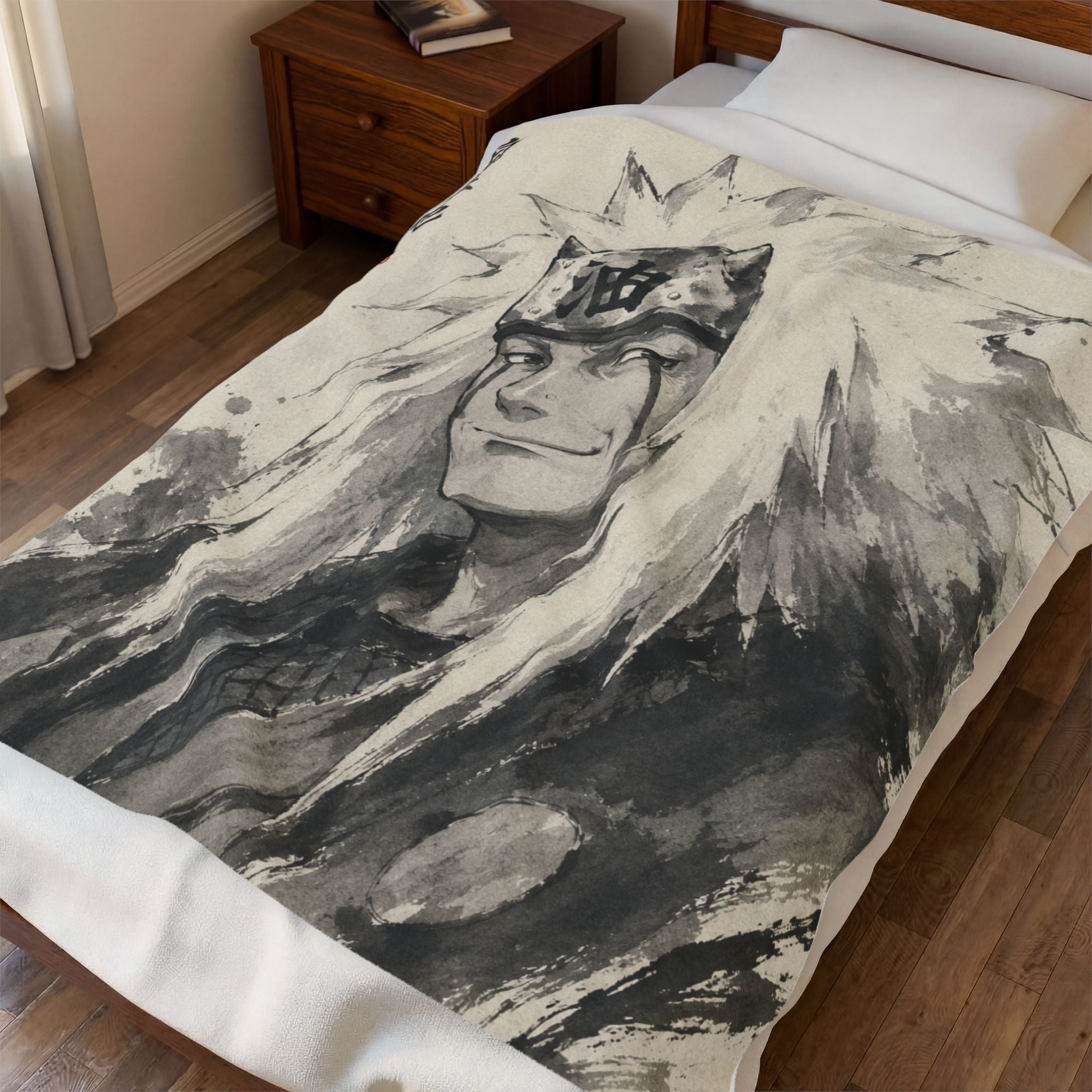 Jiraiya Ink Wash Portrait Plush Blanket — Anime Ninja Throw
